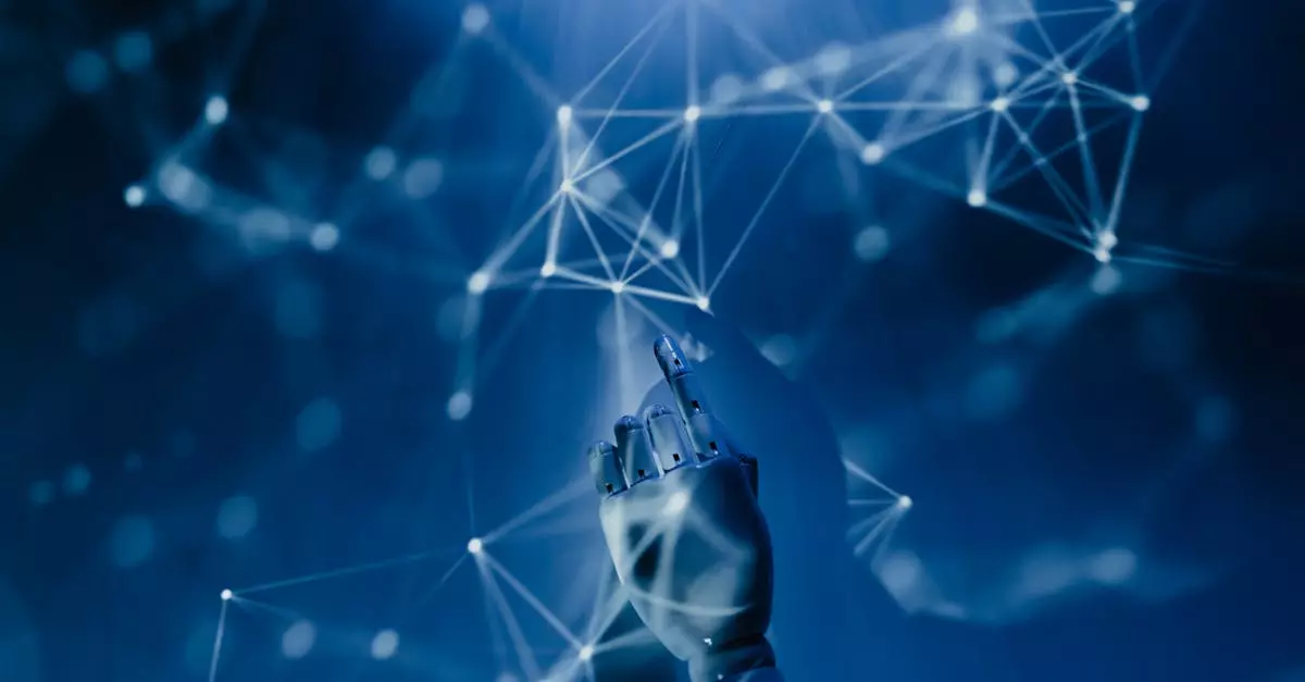 A-robotic-hand-reaching-into-a-digital-network-on-a-blue-background-symbolizing-AI-technology