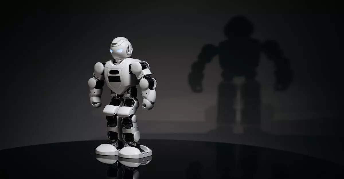 A-white-and-black-toy-humanoid-robot-in-a-studio-setting-casting-a-shadow