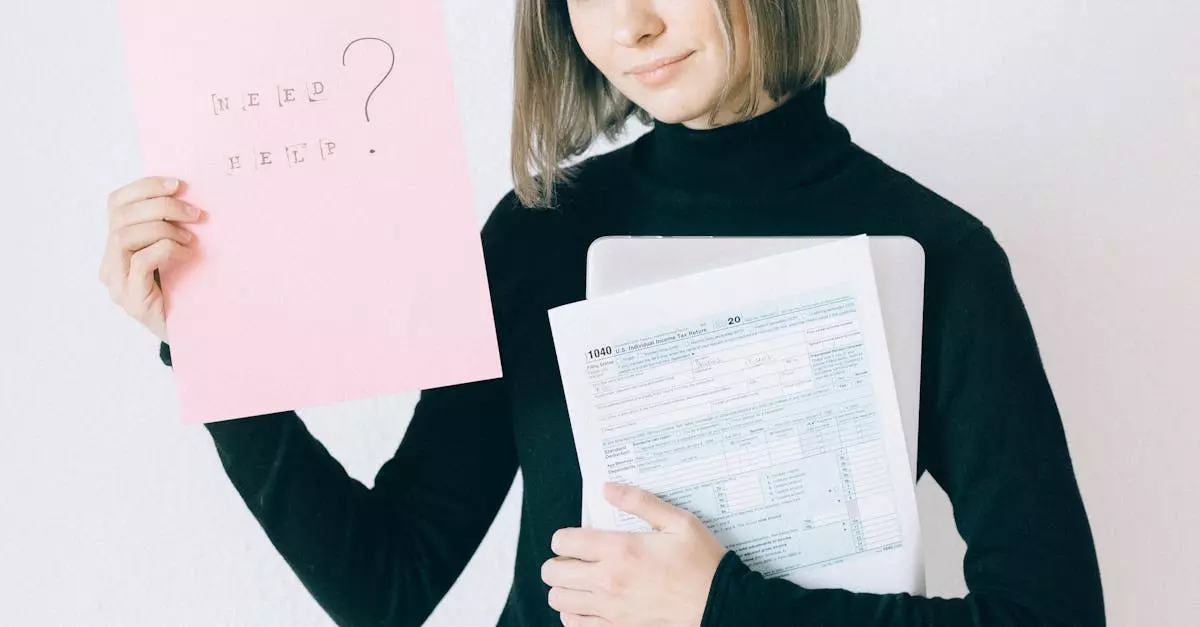 A-woman-in-a-black-turtleneck-holding-tax-forms-and-a-pink-paper-standing-against-a-white-background