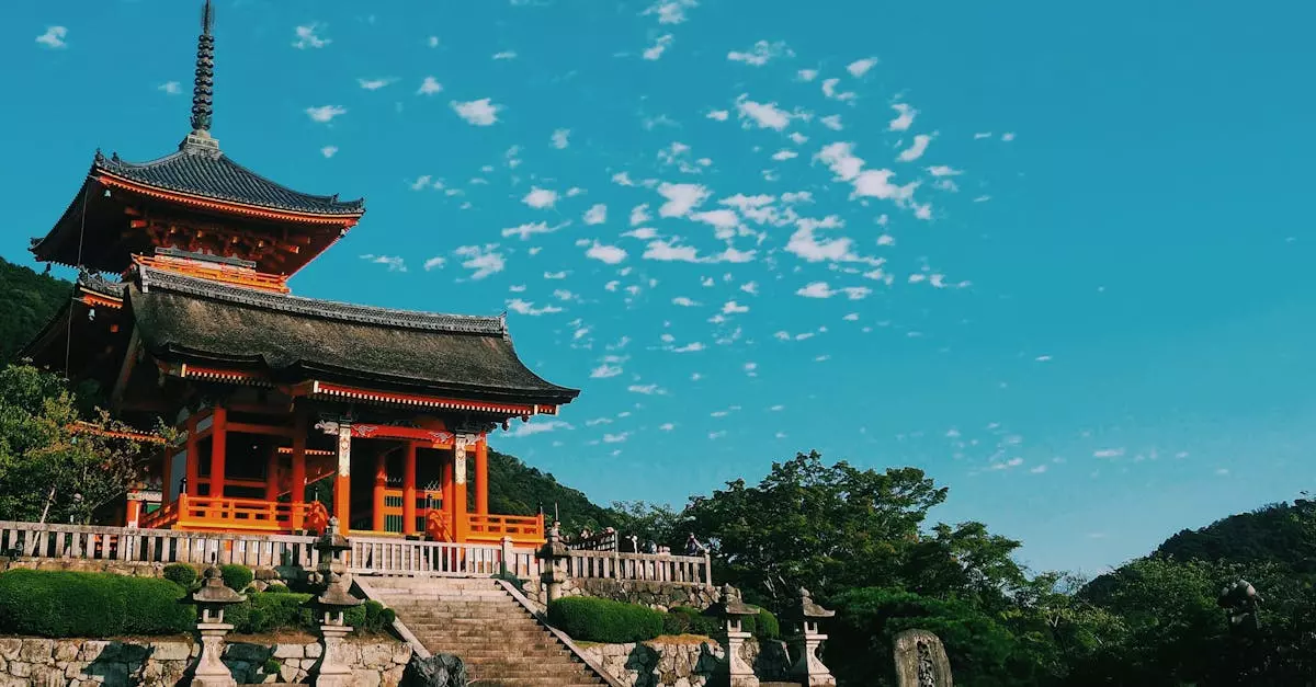 Beautiful-view-of-Kiyomizu-Dera-Temple-in-Kyoto-showcasing-traditional-Japanese-architecture-under-a-vibrant-sky