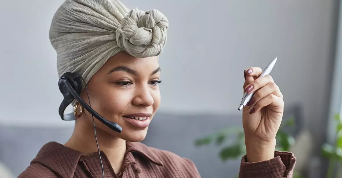 Smiling-woman-wearing-a-headset-while-working-at-a-call-center-looking-engaged-and-professional